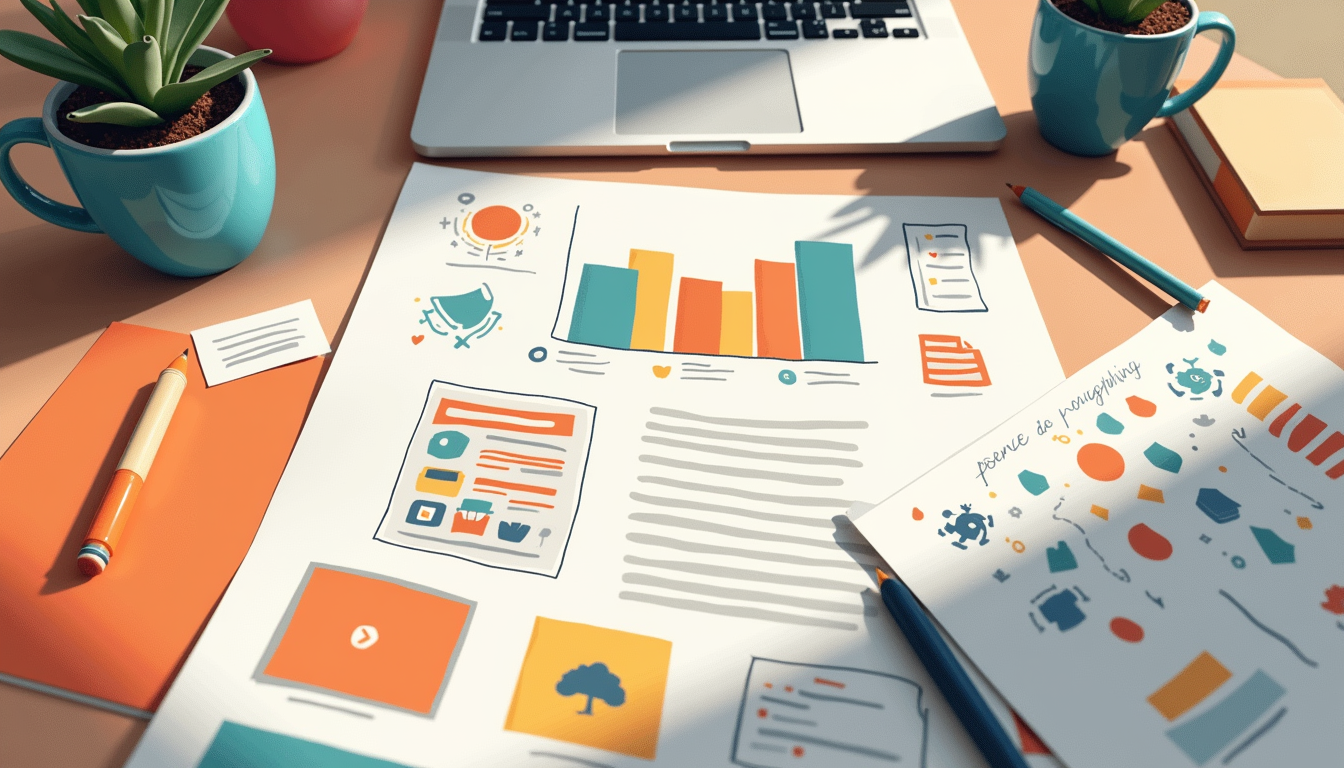 Eye-level view of a workspace with branding materials spread out