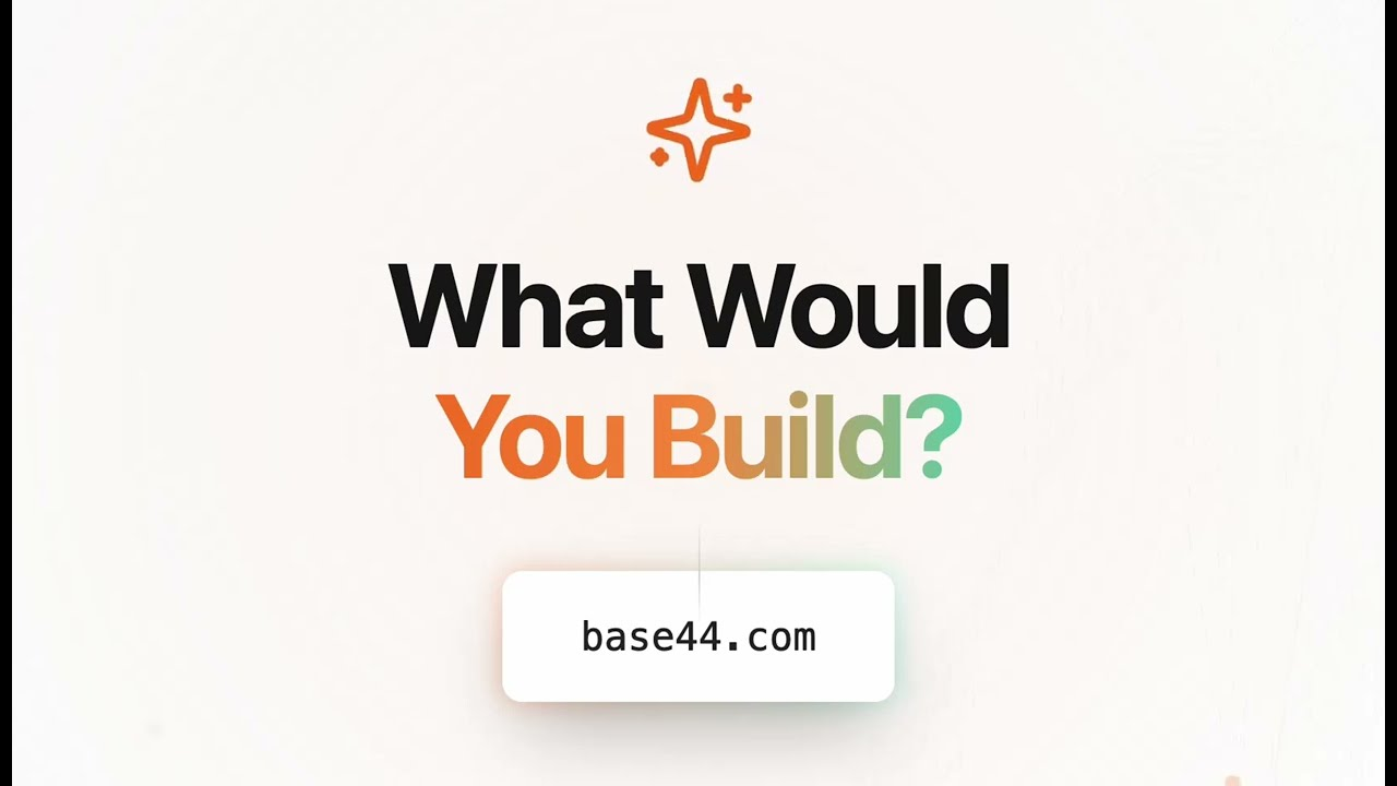 Text "What Would You Build?" in black, orange, and green on a light background. Orange star symbol above, and "base44.com" below. Mood: Inspirational.