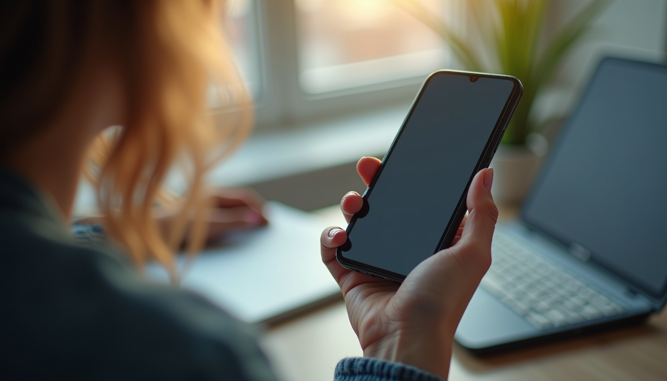 High angle view of a smartphone displaying social media marketing app