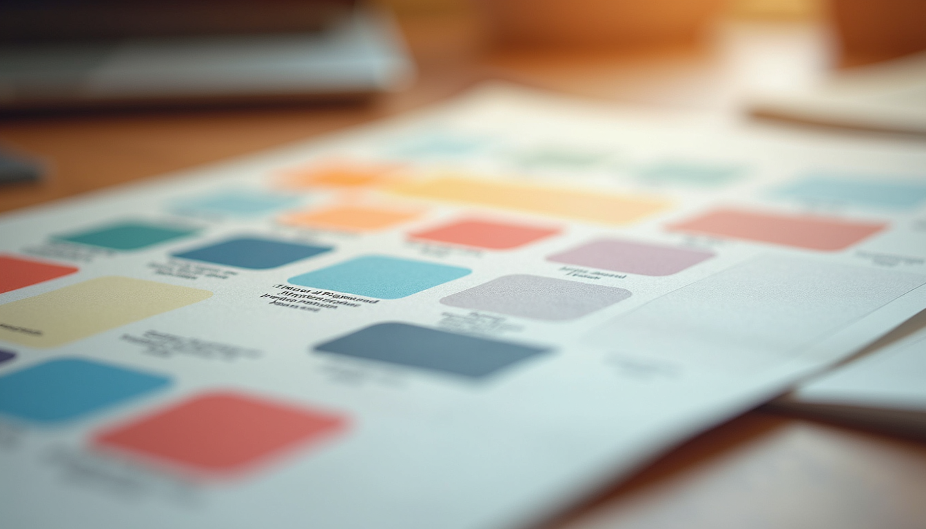 Close-up of color swatches and typography samples on a desk