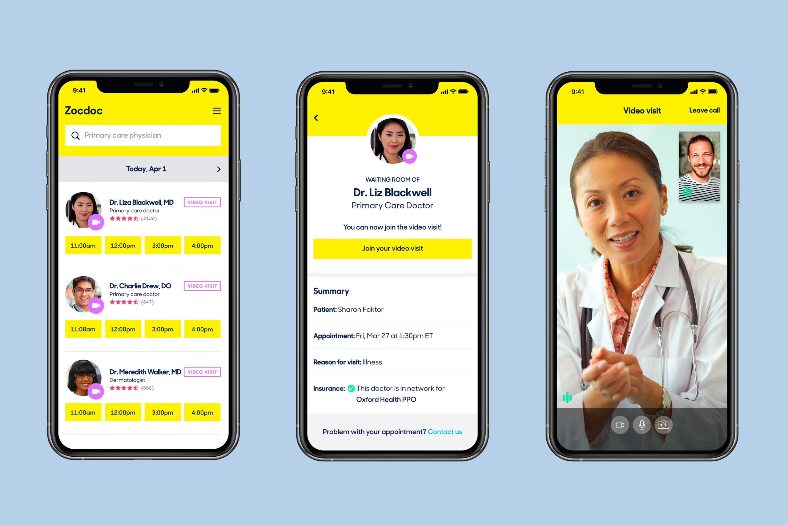 Telemedicine app screens: doctor profiles, video call