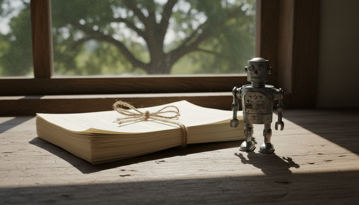 Eye-level view of a small metal robot figurine beside a stack of policy papers.