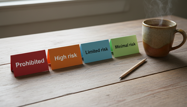 Close-up view of colored index cards labeled with AI risk levels on a wooden table.