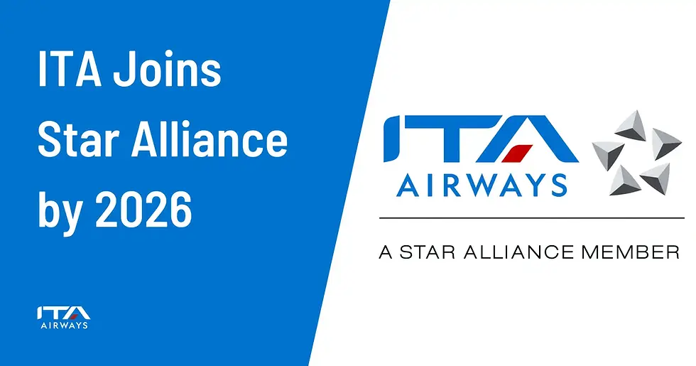 青と白の背景に「ITA Joins Star Alliance by 2026」と「ITA Airways」のロゴ。右に星形のシンボル。