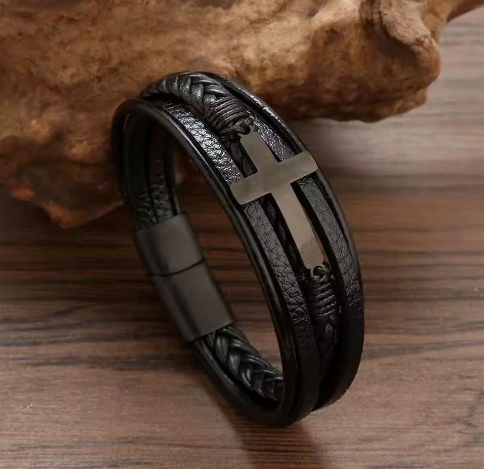 Thumbnail: Stainless Steel and Leather Bracelet with Cross