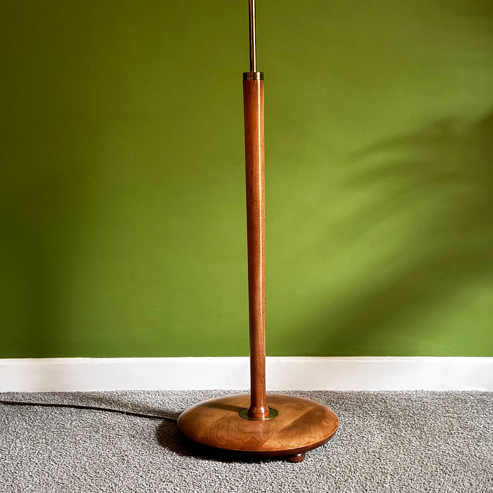 Thumbnail: Mid Century Elm Standard / Floor Lamp | Vintage Material Shade | Rewired