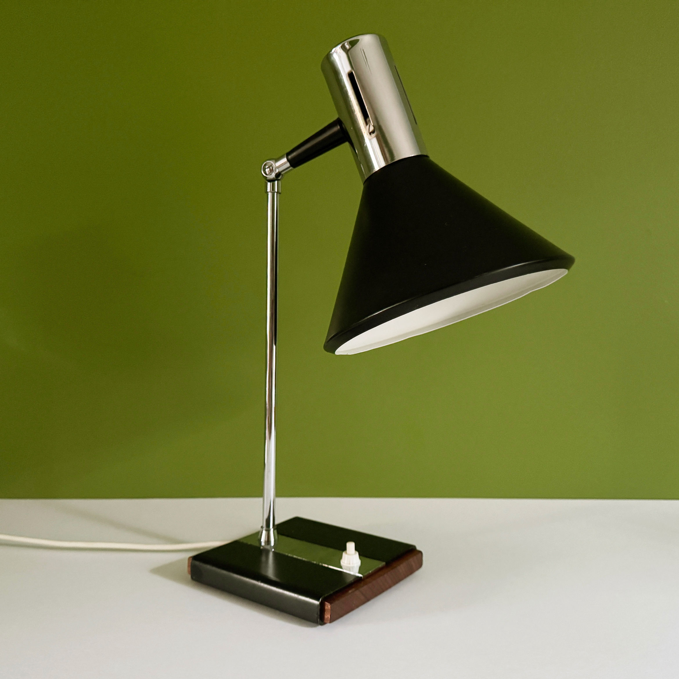 Mid Century German SIS Desk / Table Lamp, 1960s Vintage, Teak, Chrome and Black