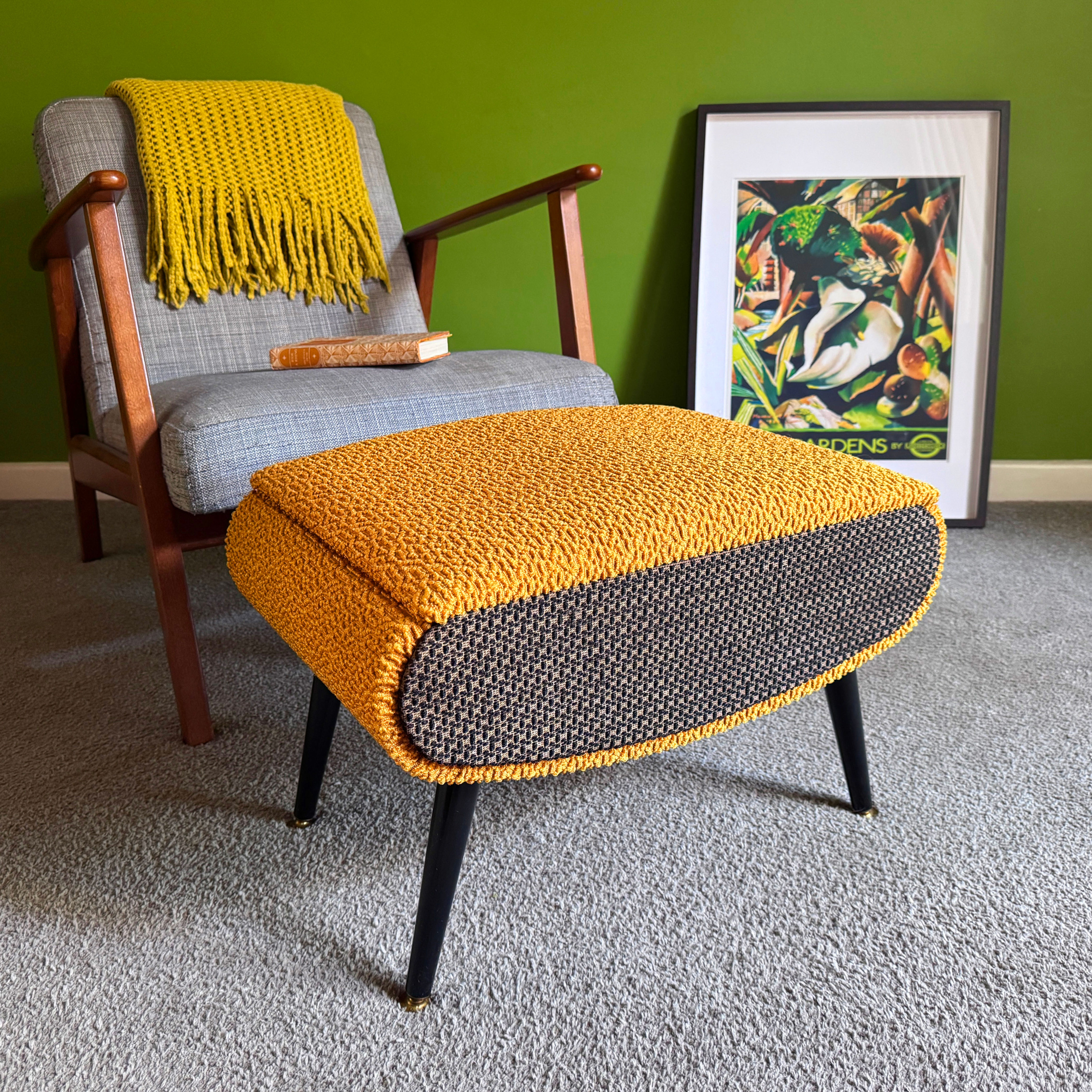 Sherborne Pandora Mid Century Vintage Sewing Foot Stool in 'Paprika' Gold Moquet