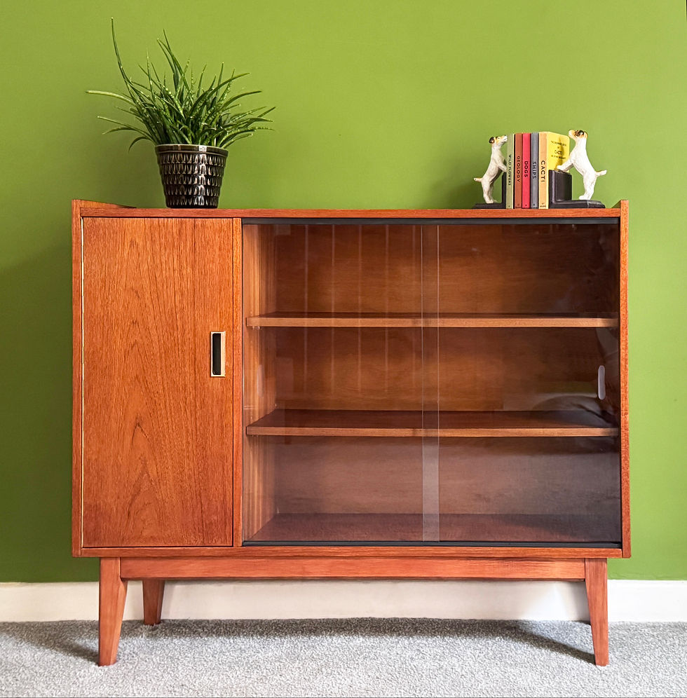 Thumbnail: Lebus Mid Century Teak Book Case / Cabinet with Cupboard and Glass Sliding Doors