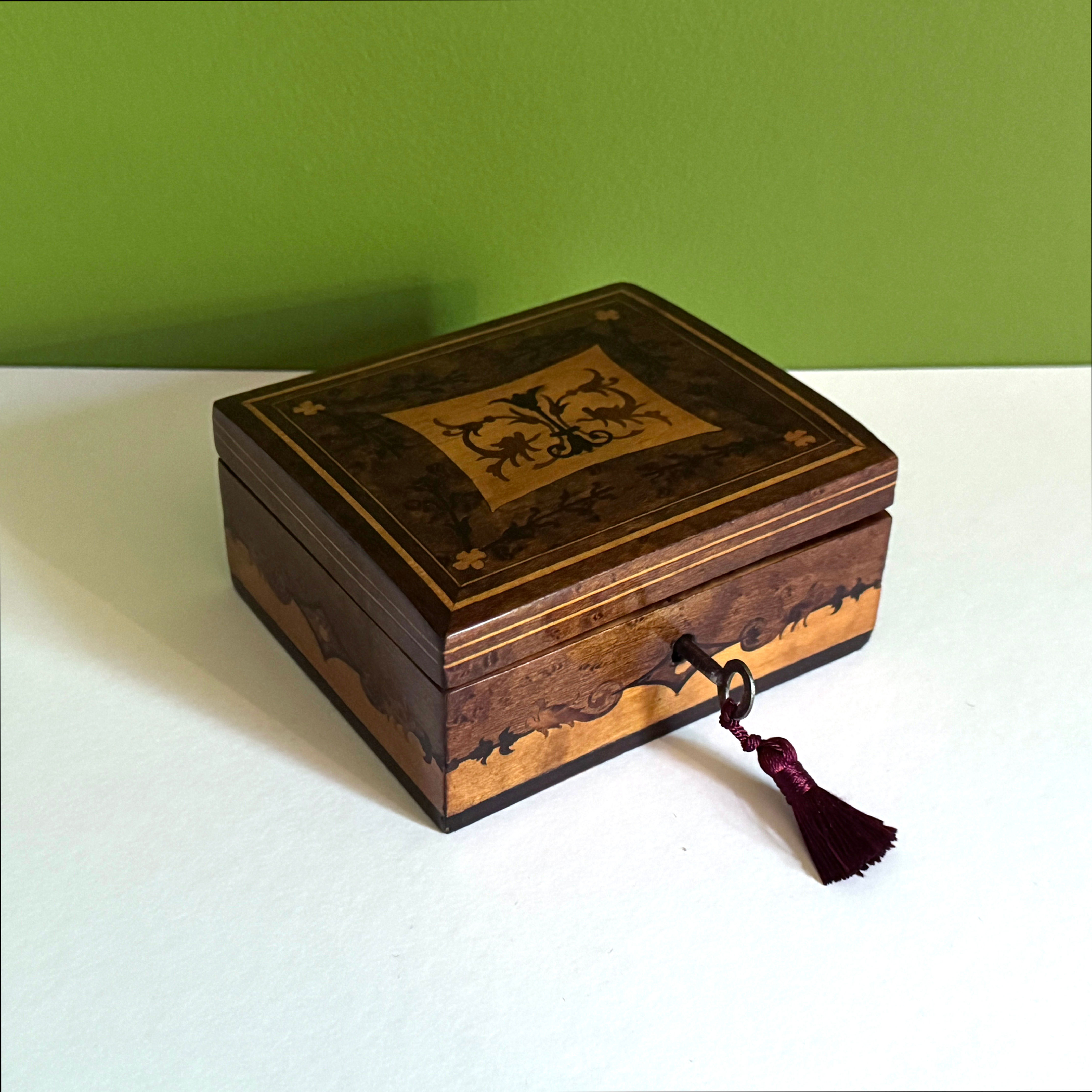 Antique Continental Victorian Miniature Wooden Jewellery Box, Velvet Lined, Work