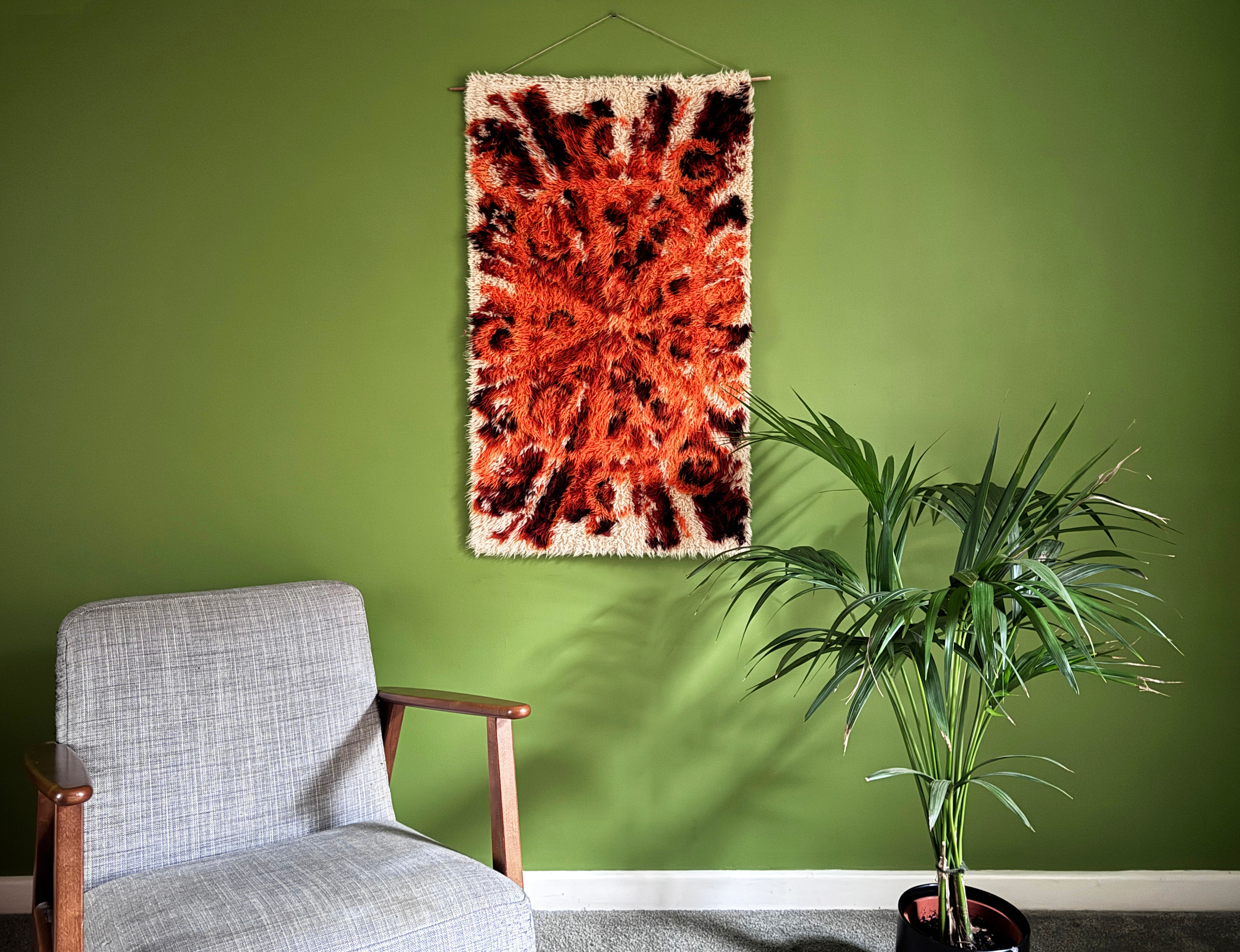 1960s Cream / Orange Shag Pile Wall Hanging / Rya Rug, Mid Century Vintage