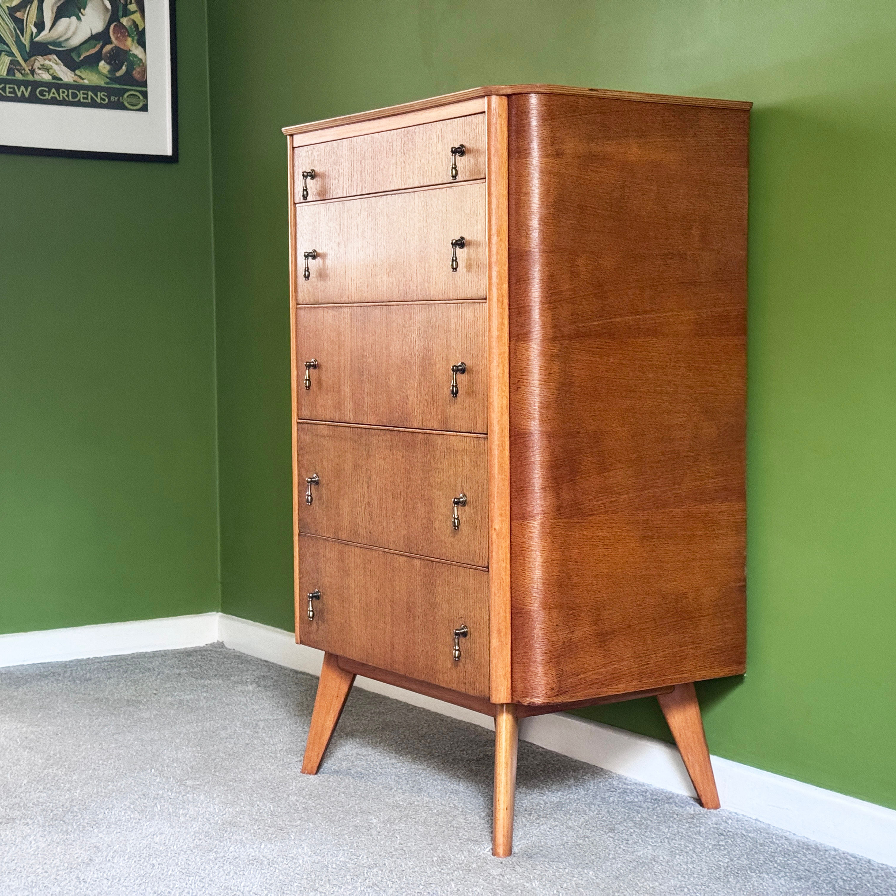 Mid Century Homeworthy Light Oak Chest of 5 Drawers / Tallboy, 1950s Vintage