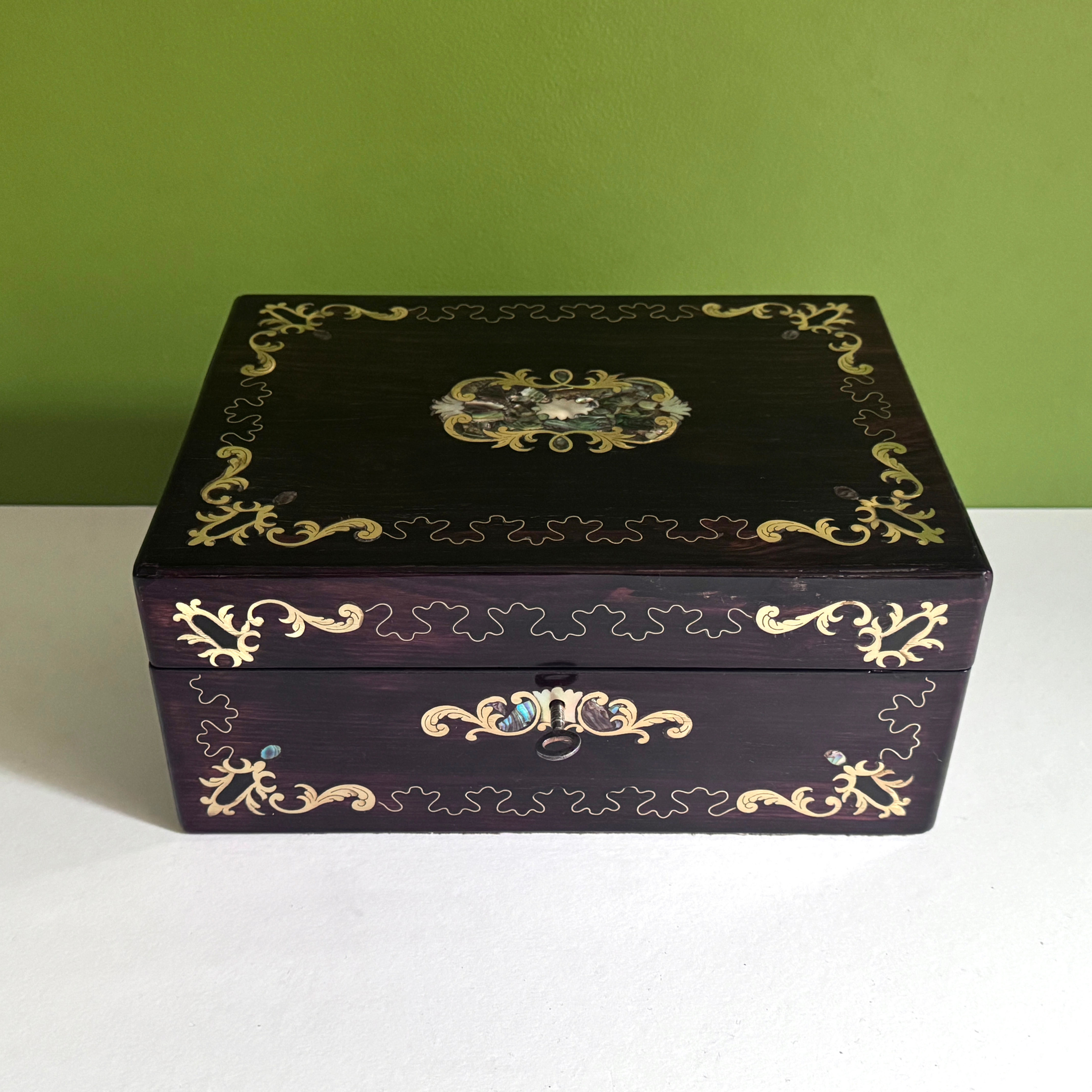 Antique Victorian Rosewood Jewellery Box, Dark Green Interior, Working Key