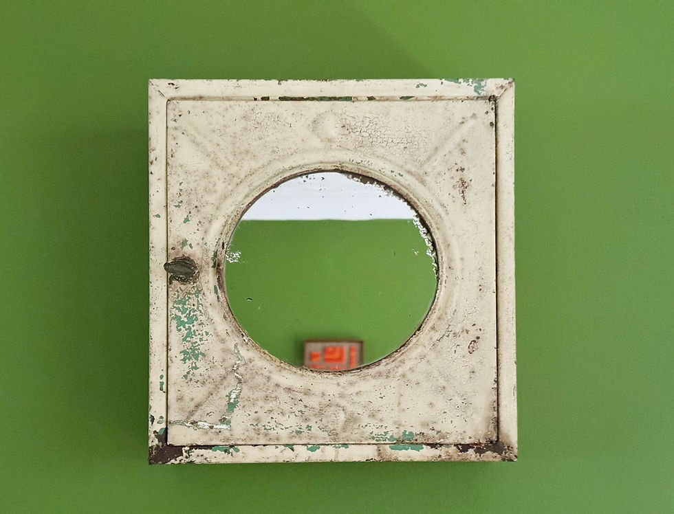 Thumbnail: Art Deco Metal Wall Cabinet with Mirror, Yellow & Green, 1910s/20s Antique