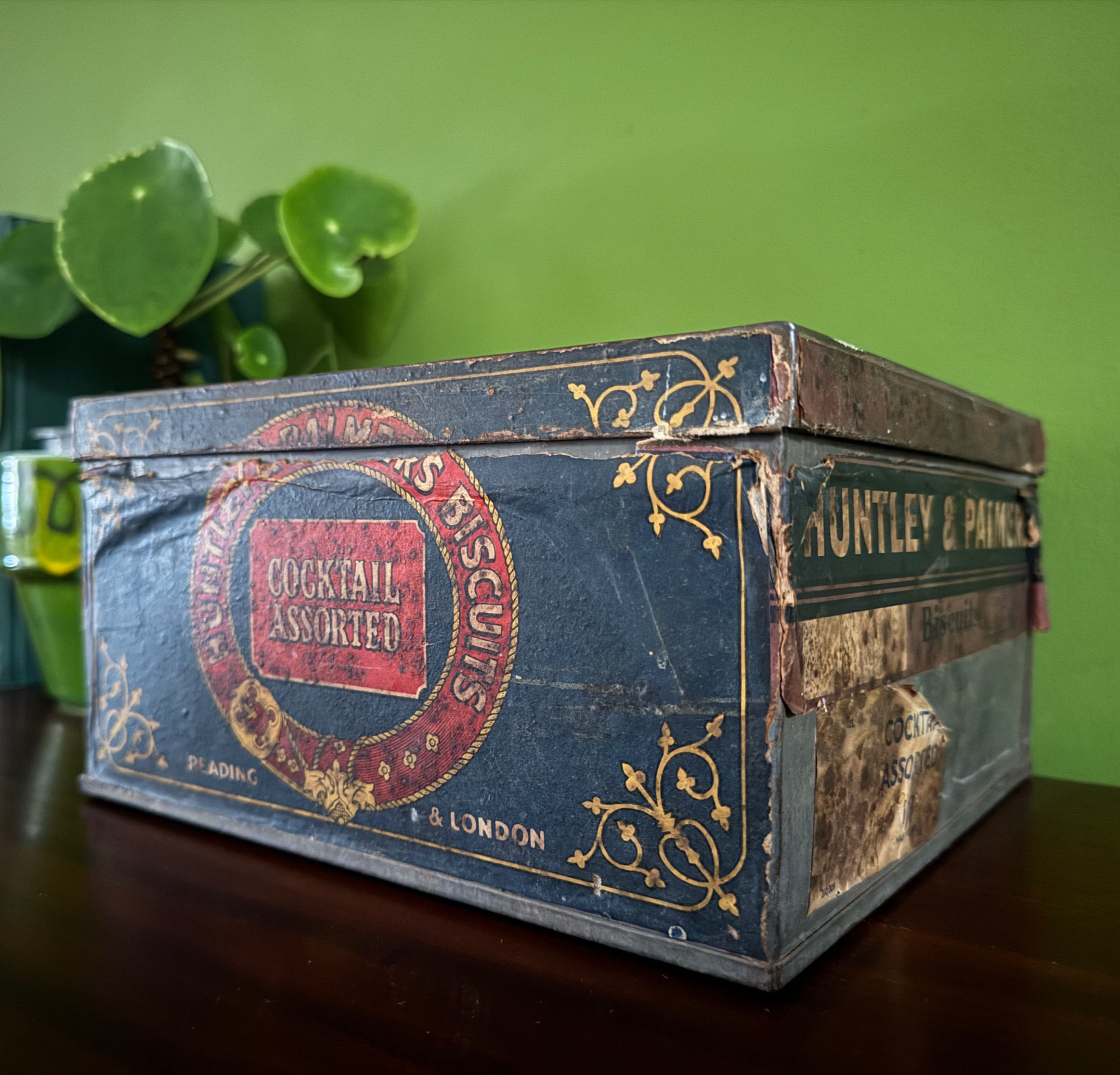 Antique Huntley and Palmers Square Biscuit Tin with Lithographed Paper Labels