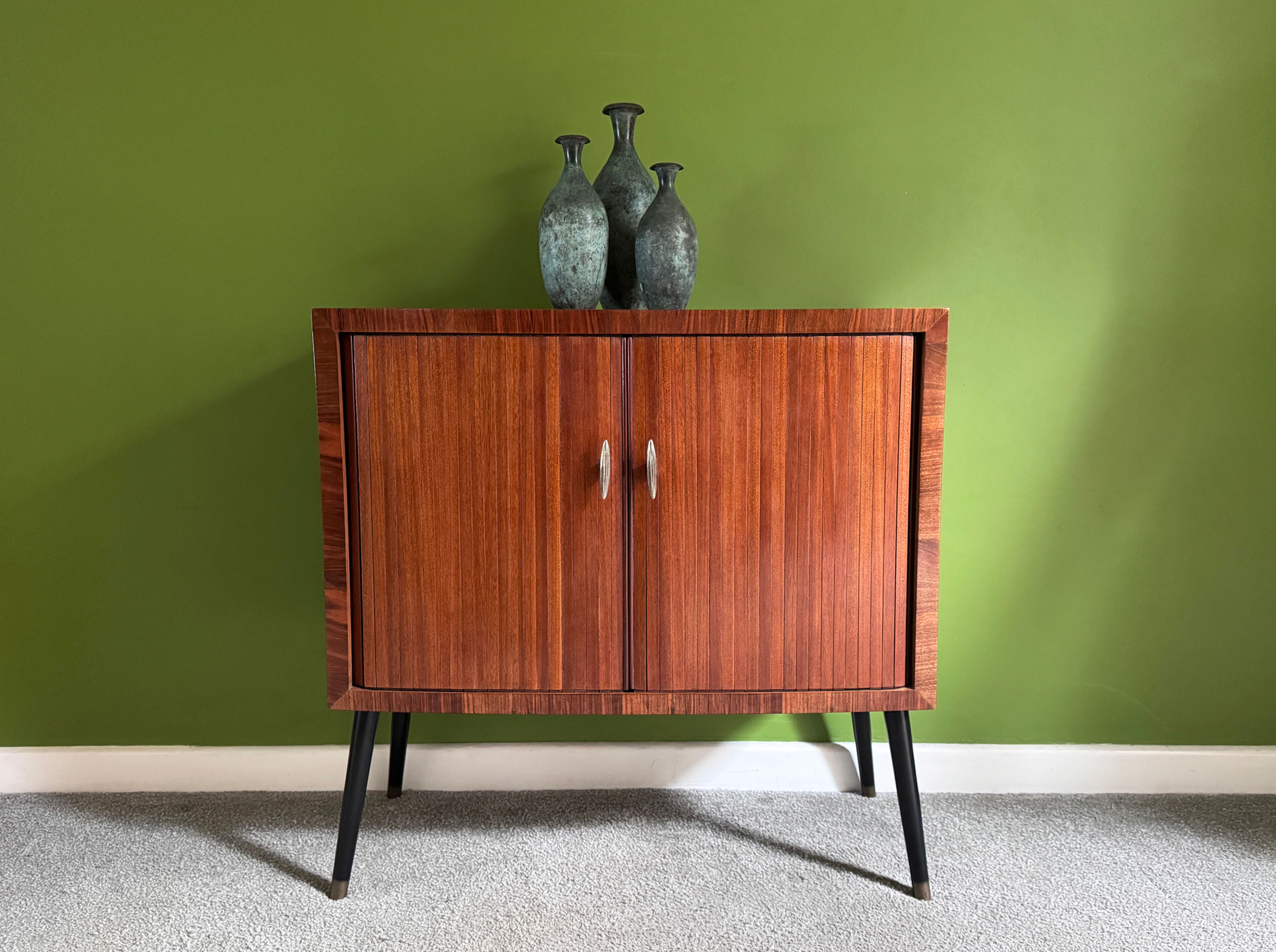 Tambour Door Vinyl Record Cabinet in Walnut, Mid Century Vintage 1950s/60s