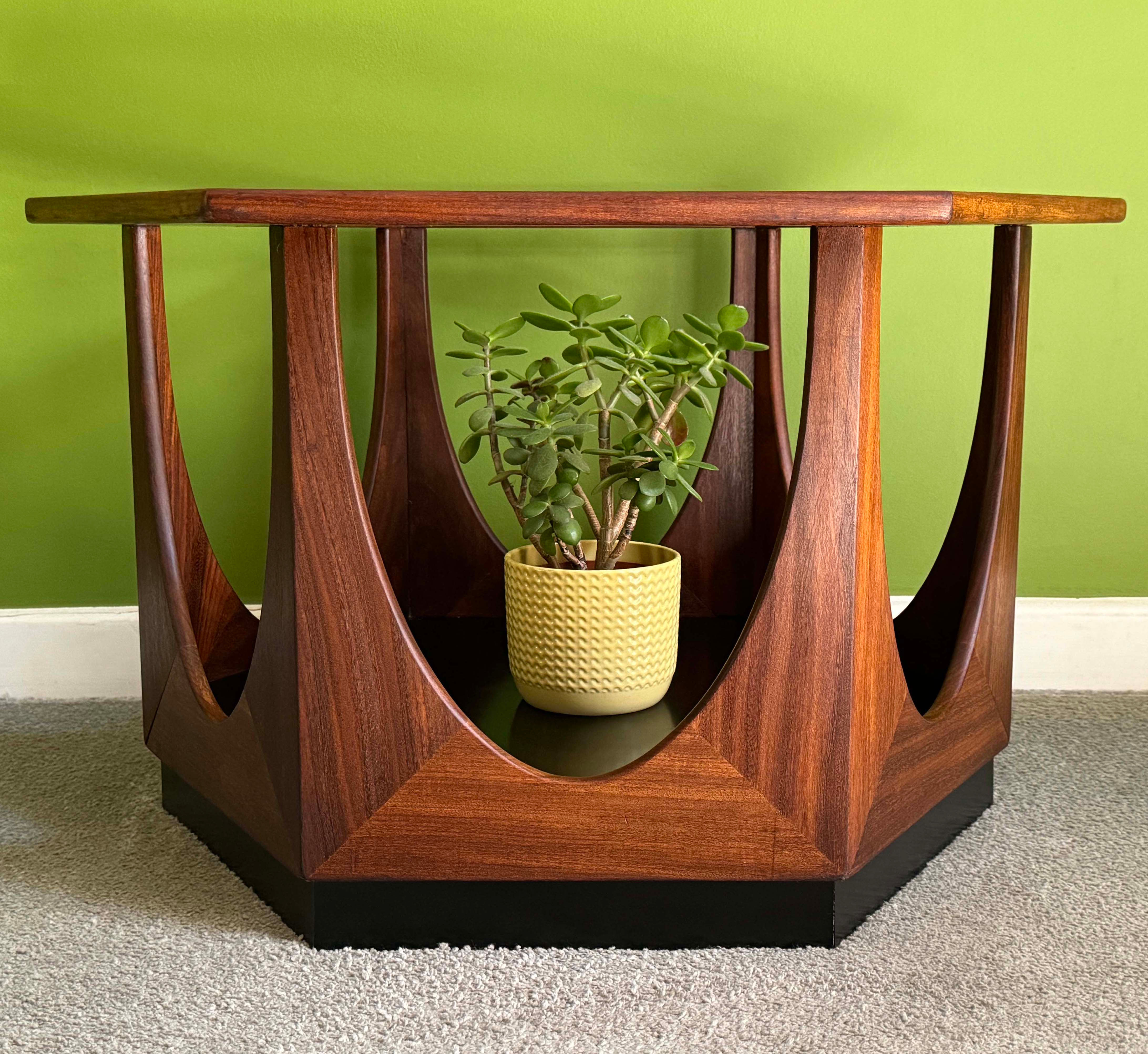 G Plan 1960s Vintage Hexagon Coffee Table in Teak and Black Melamine