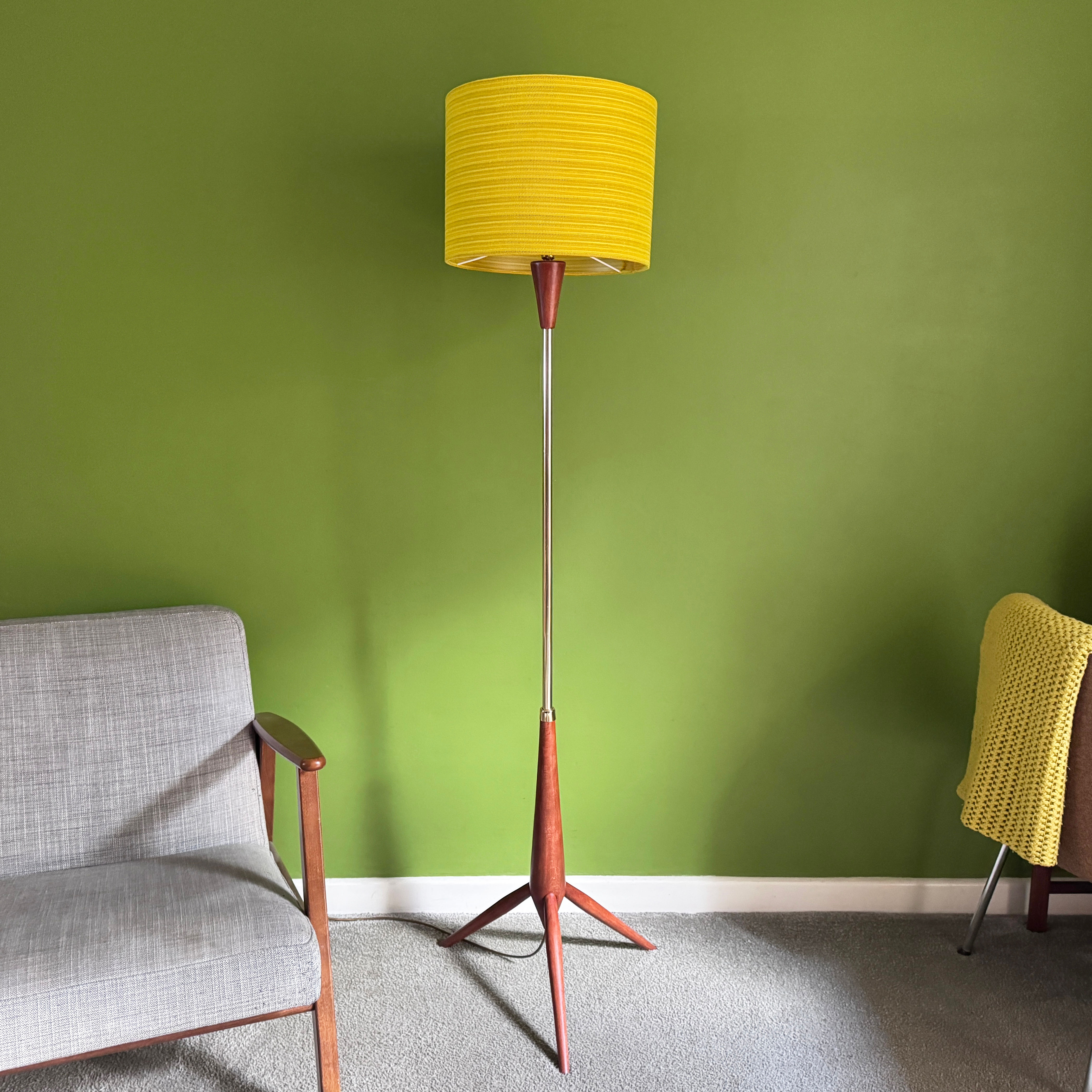 Mid Century Tripod Rocket Floor Lamp | Vintage Material Shade | Rewired