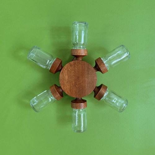 Japanese Teak Rotating Spice Wheel Rack, Jars, Mid Century