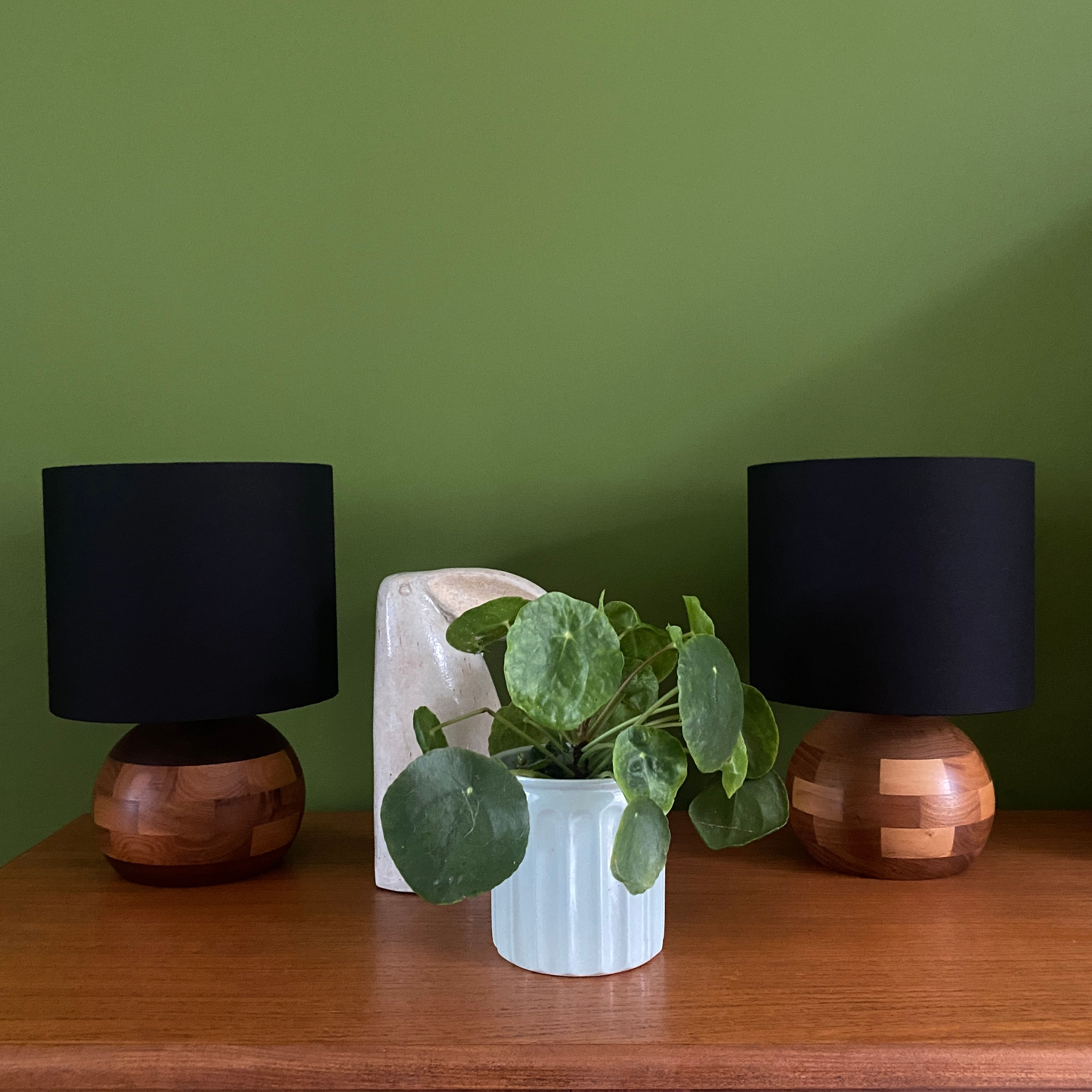 A Pair of Solid Teak Vintage Round Table Lamps, 1960s, Rewired, New Black Shades