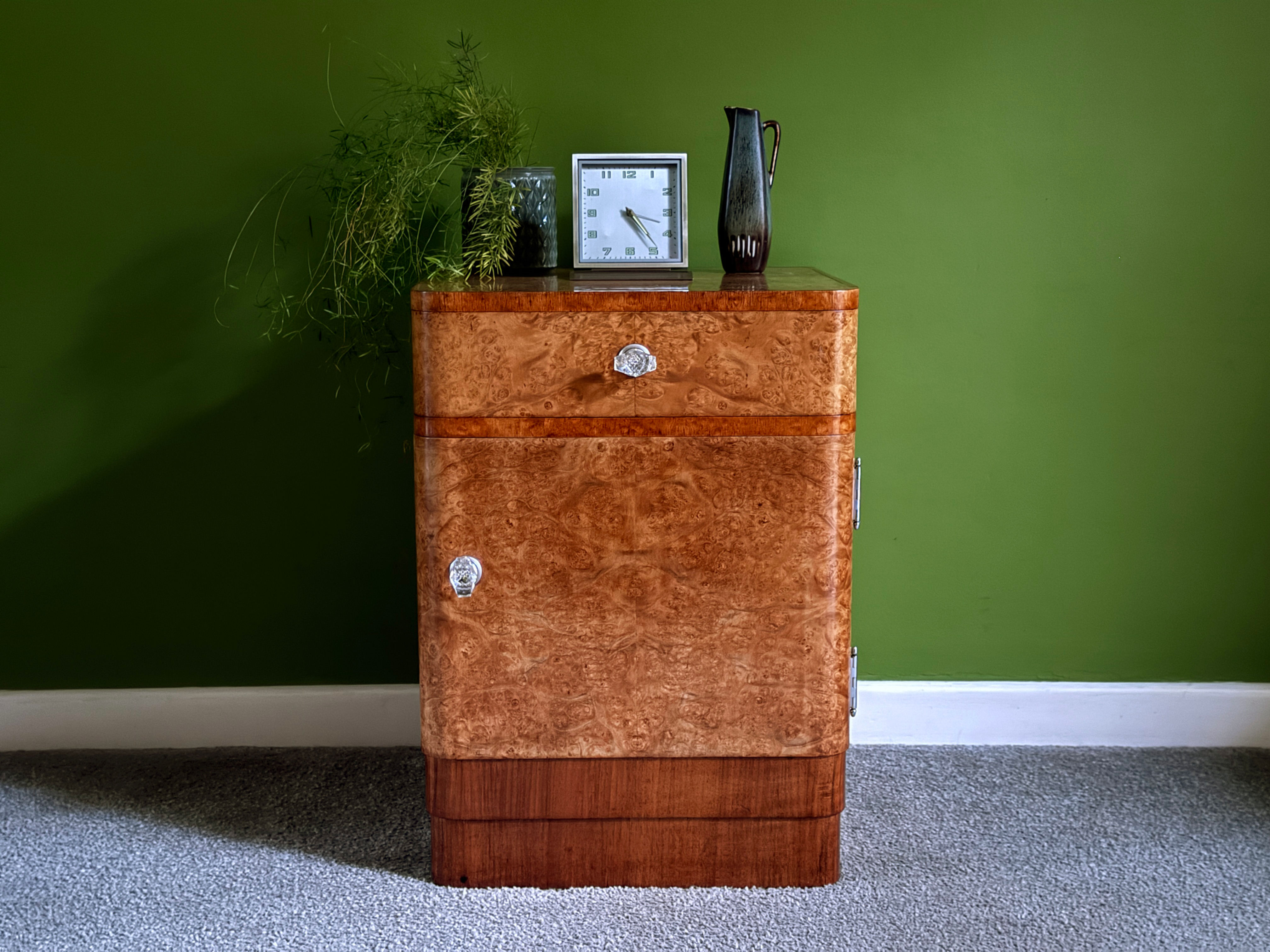 Art Deco Burr Walnut Bedside Cabinet, 1920s Antique