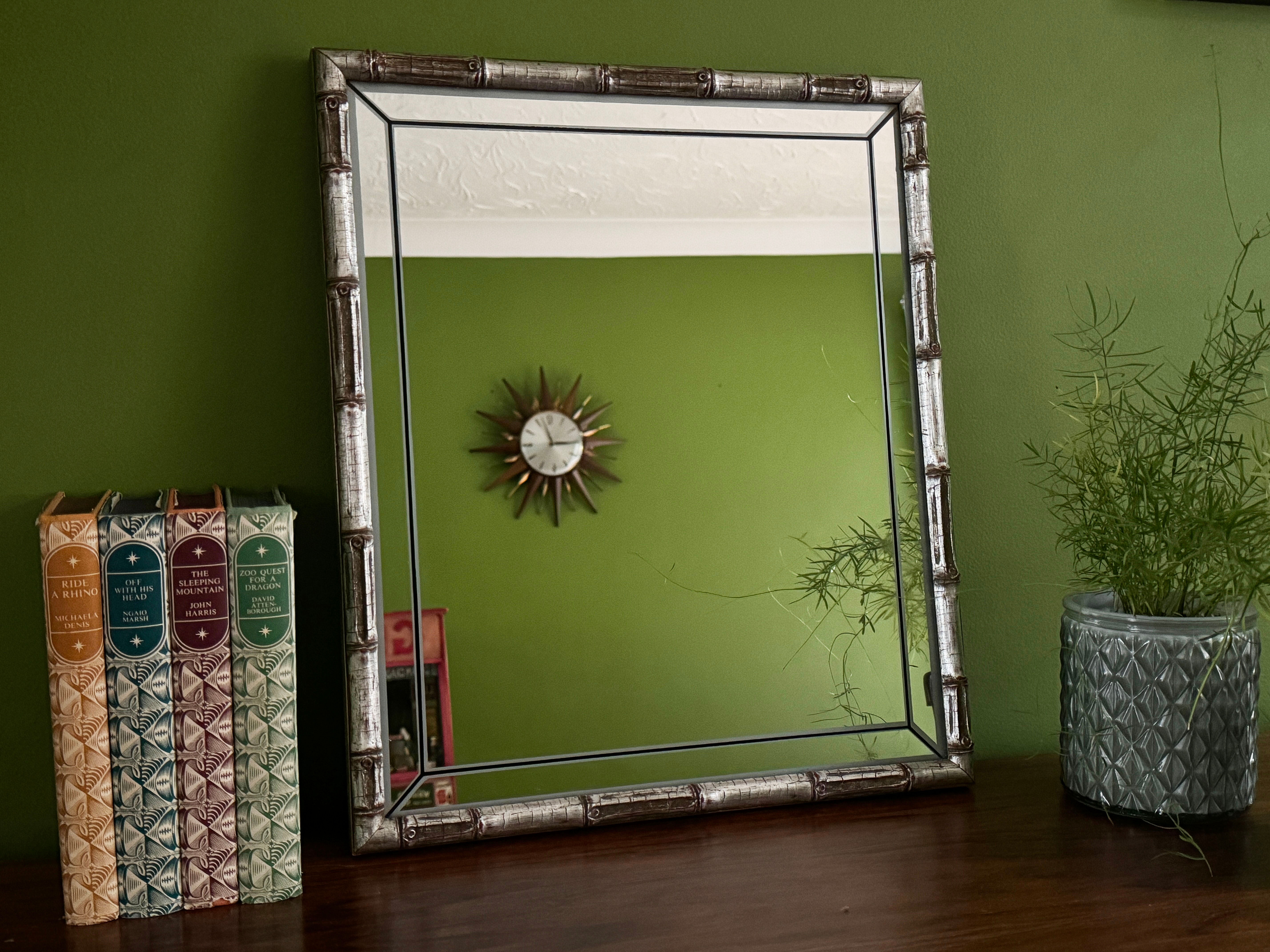 Vintage Printed Mirror with Silver Bamboo Effect Frame, Braddell Enterprises 70s