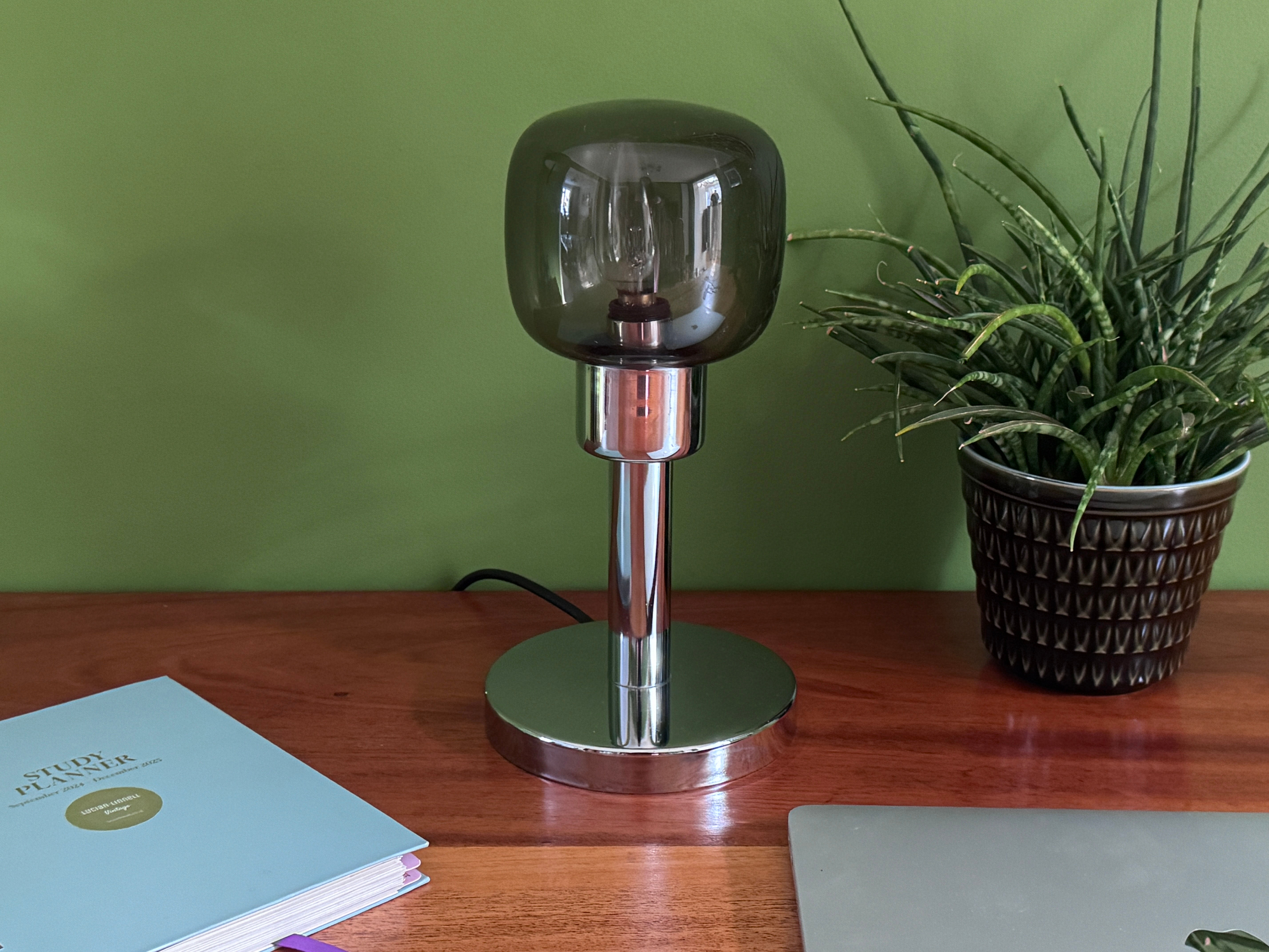 Mid Century Chrome and Smoked Glass Table Lamp, Funky 1970s Retro