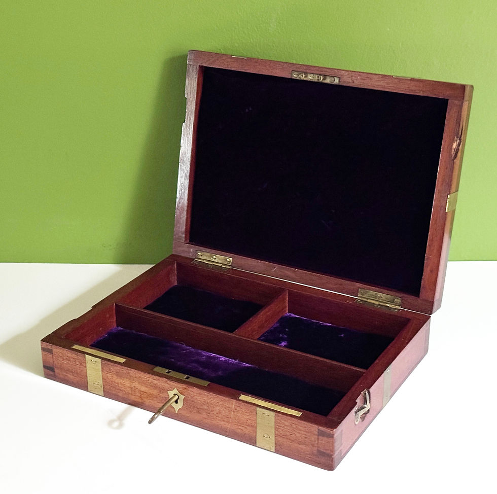 Thumbnail: 1880s Antique Victorian Mahogany Jewellery Box, Purple Interior, Working Key