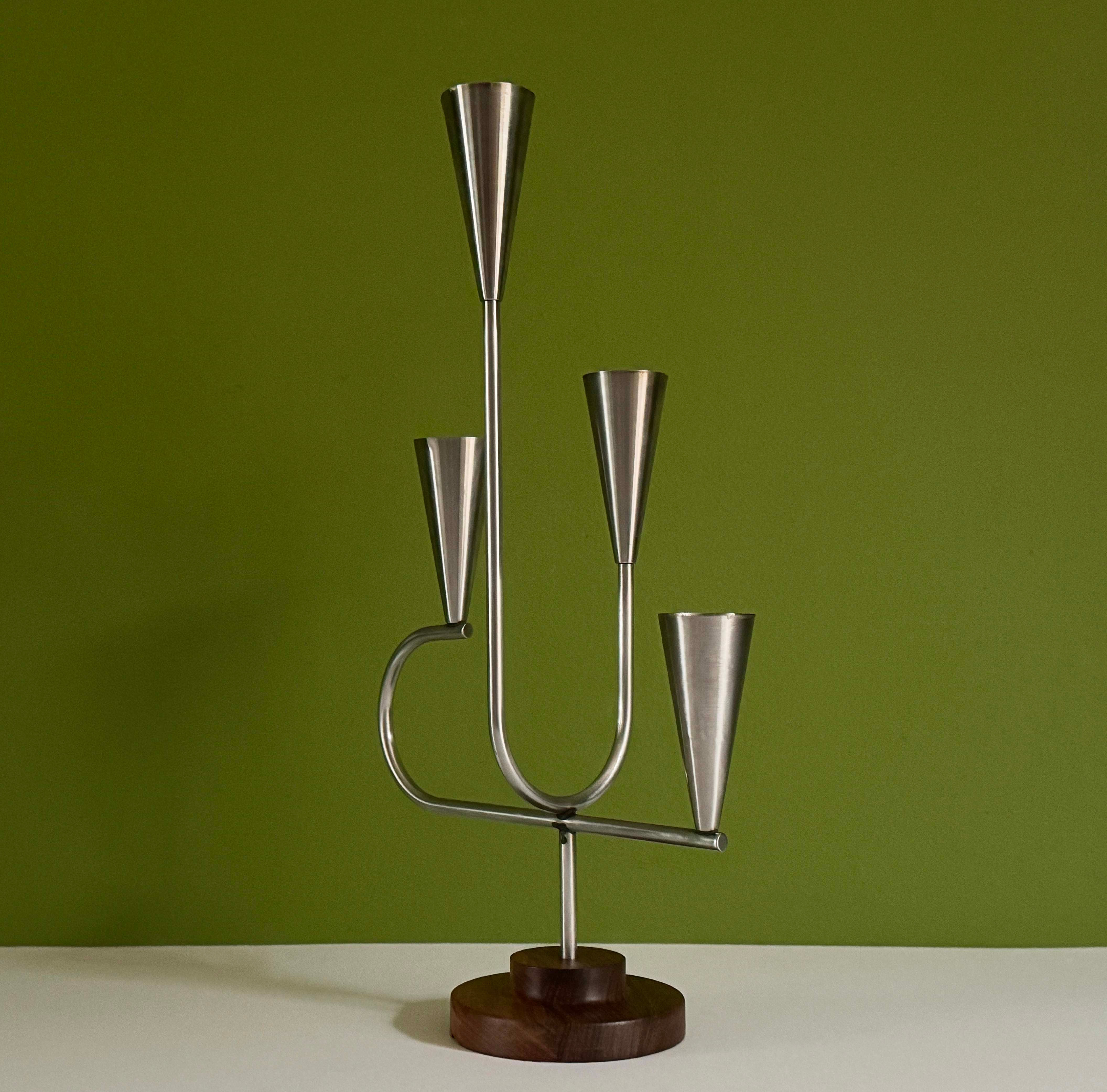 Mid Century Modern Rosewood and Stainless Steel Candelabra