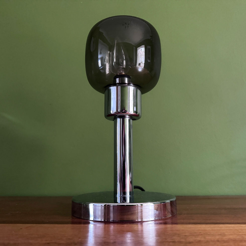 Thumbnail: Mid Century Chrome and Smoked Glass Table Lamp, Funky 1970s Retro