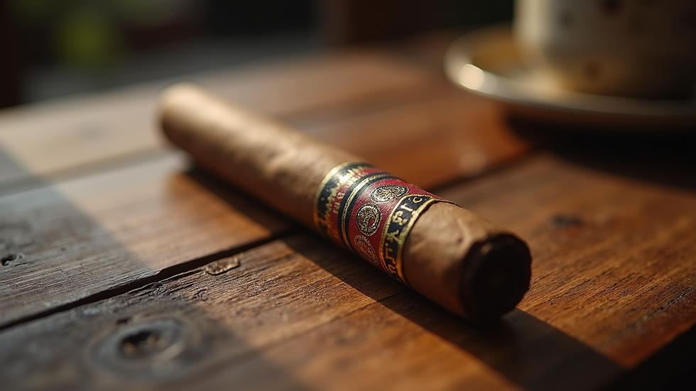 High angle view of a cigar band on a wooden table