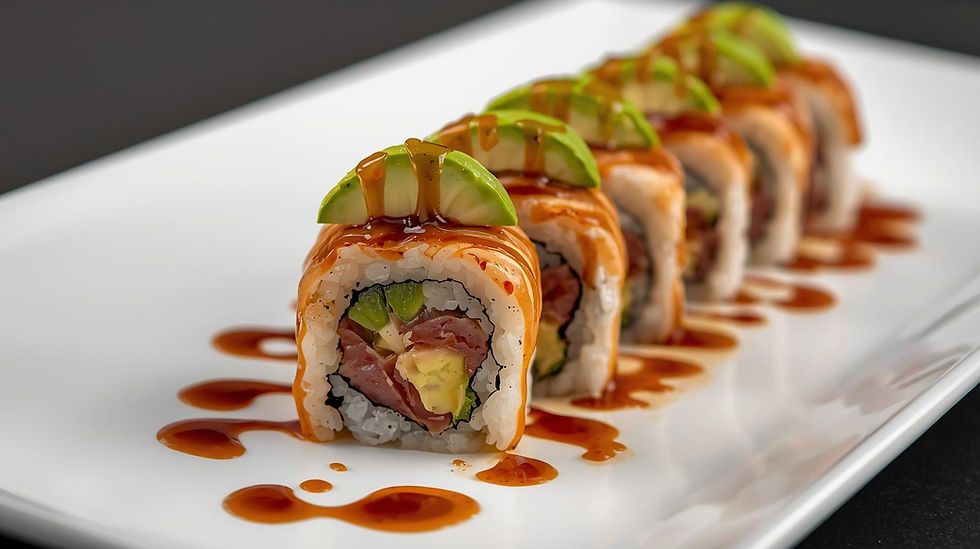 Close-up view of a Dragon Roll topped with avocado and eel sauce
