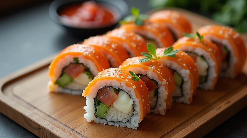 High angle view of a sushi sandwich cut into bite-sized pieces on a wooden platter