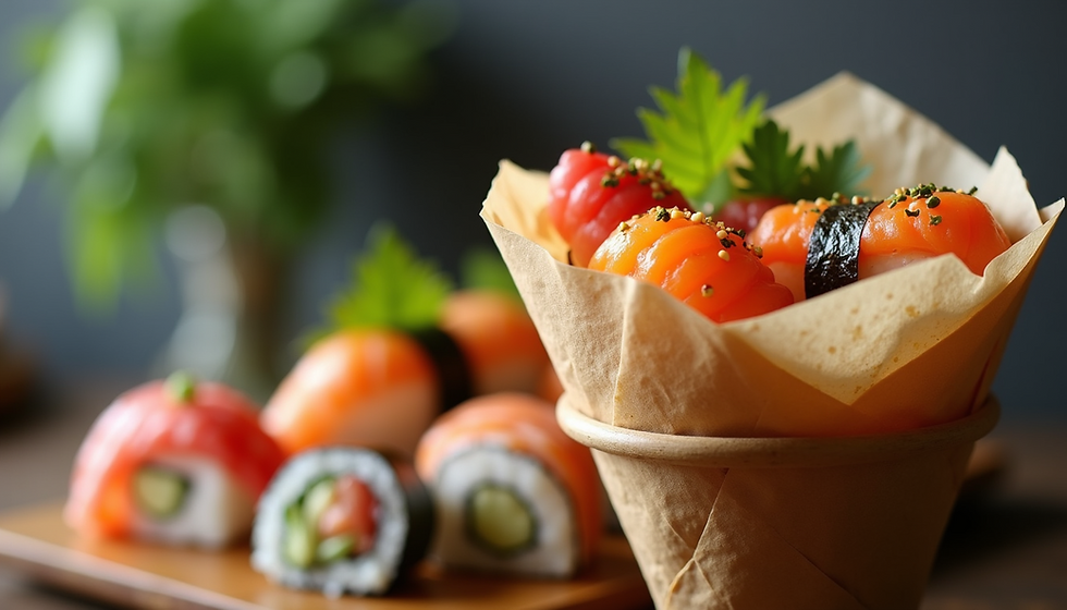 Close-up view of colorful sushi displayed on a sushi teco holder