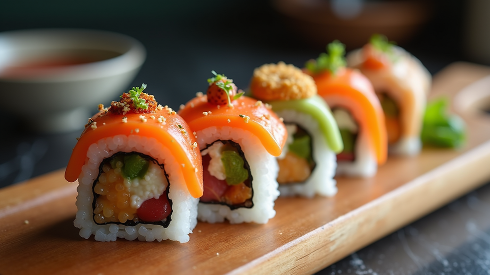 Close-up view of a colorful crazy roll sushi on a plate