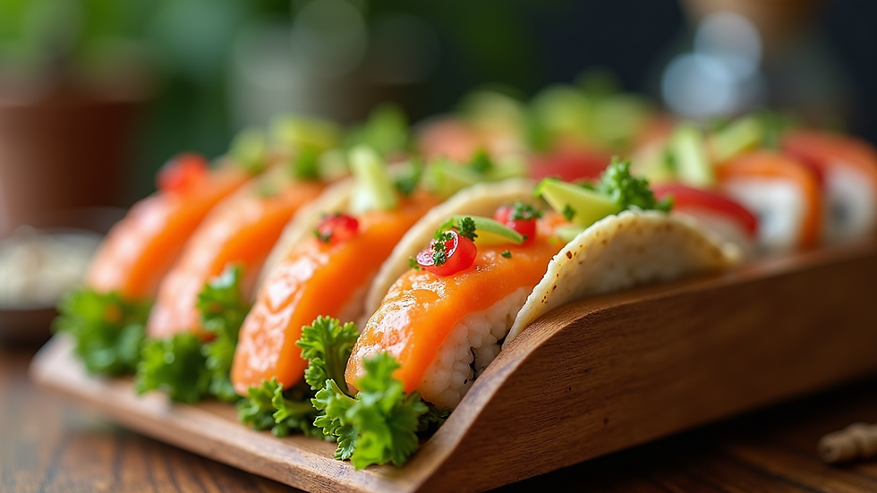 Close-up view of a walnut sushi taco holder filled with colorful sushi ingredients