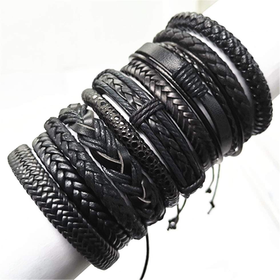 Thumbnail: 10 Pcs/set Black Wrap Woven New Fashion Handmade Men Bracelets Male Women Leathe