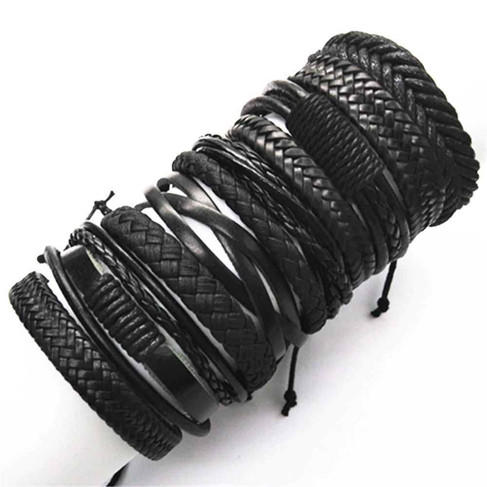 10 Pcs/set Black Wrap Woven New Fashion Handmade Men Bracelets Male Women Leathe