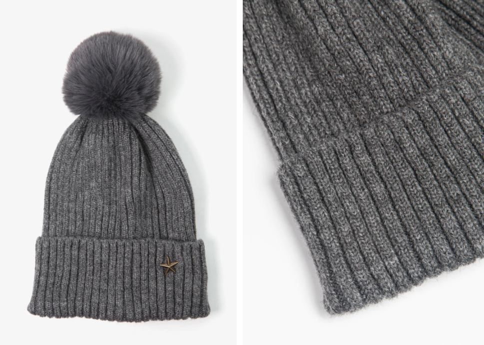 Dark Grey Pom Pom Hat with Antique Gold Star