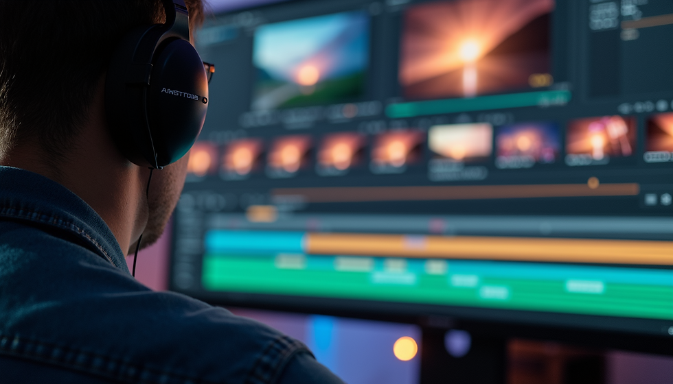 A person wearing headphones edits videos on a computer screen filled with colorful timelines and video thumbnails, creating a focused mood.