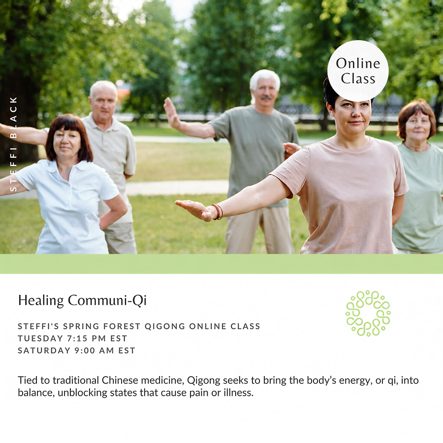Adults practicing an outdoor Qigong Class