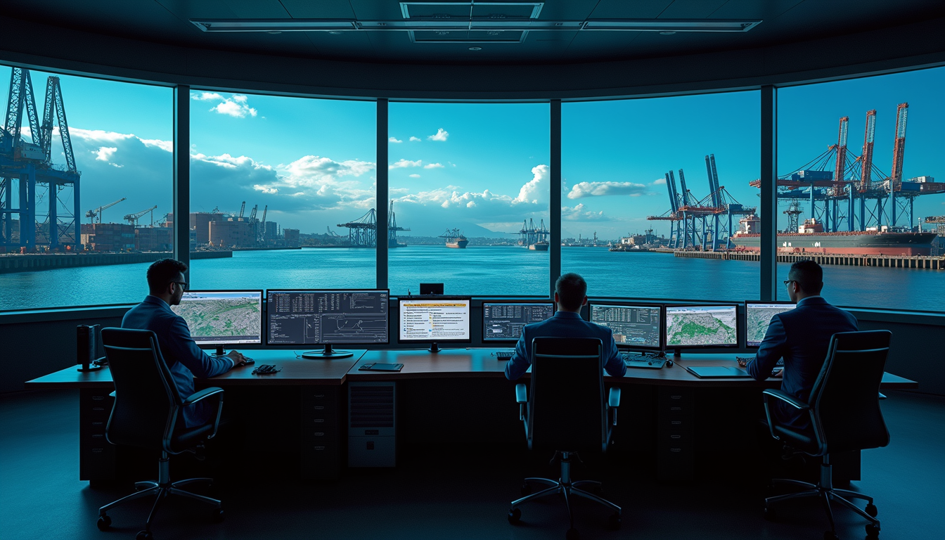Eye-level view of a port control room with advanced monitoring systems