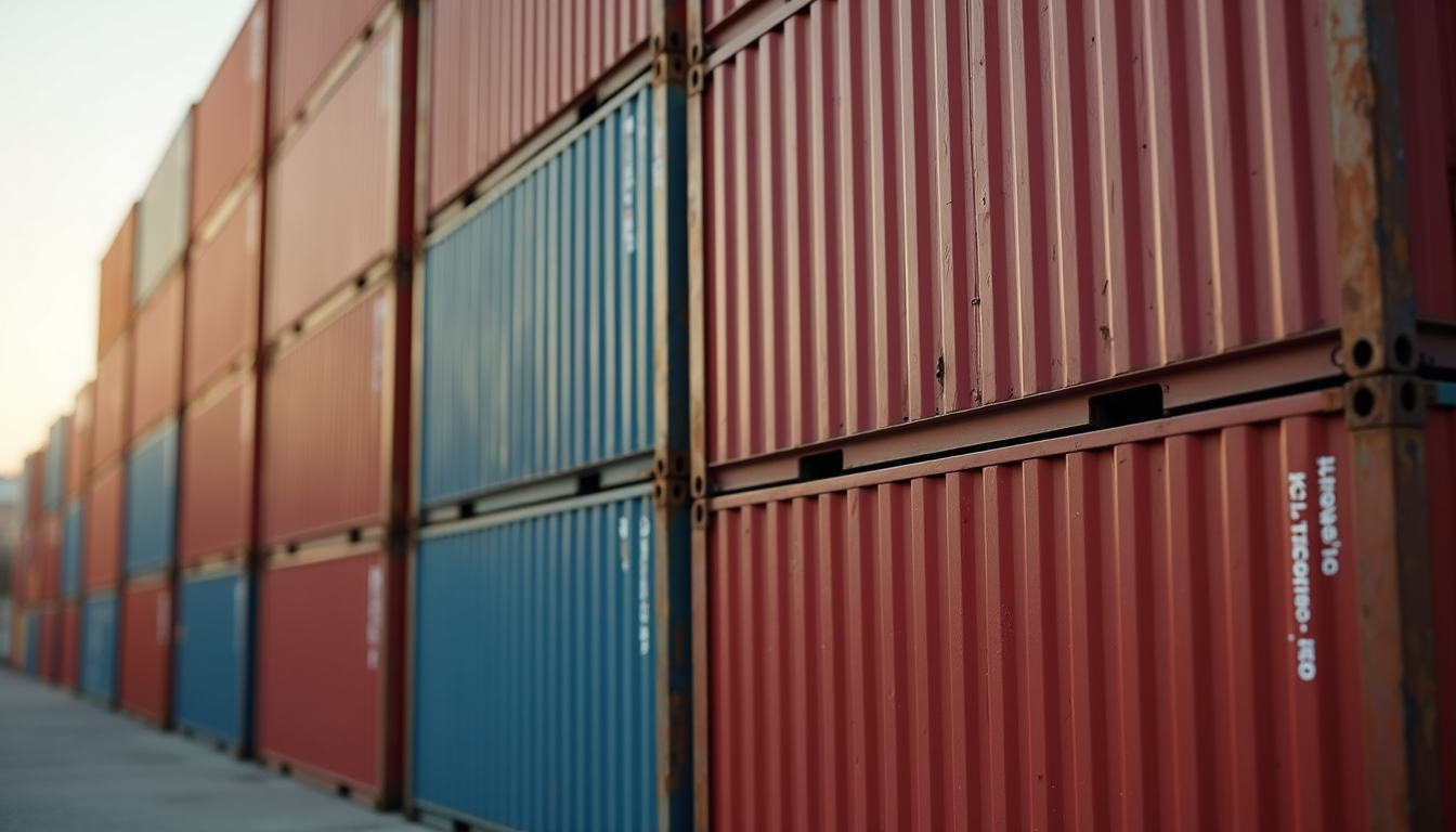 Close-up view of cargo containers stacked methodically