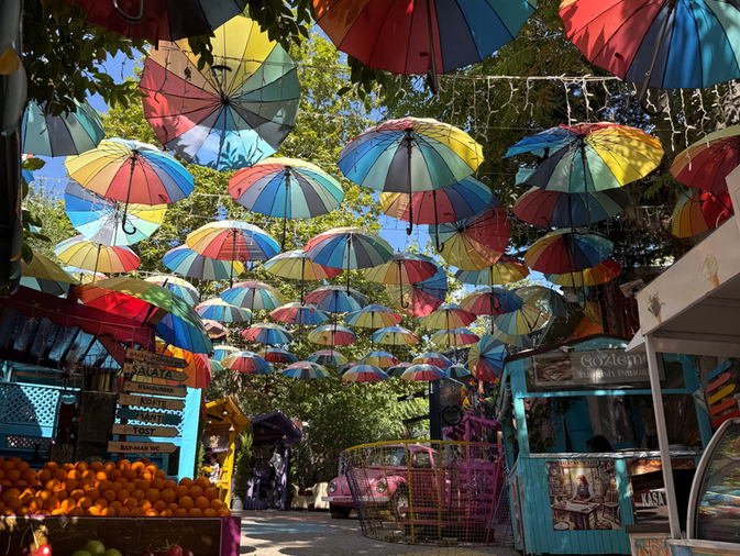 colorful umbrellas street in Balat Istanbul with vibrant local atmosphere – walking tour experience