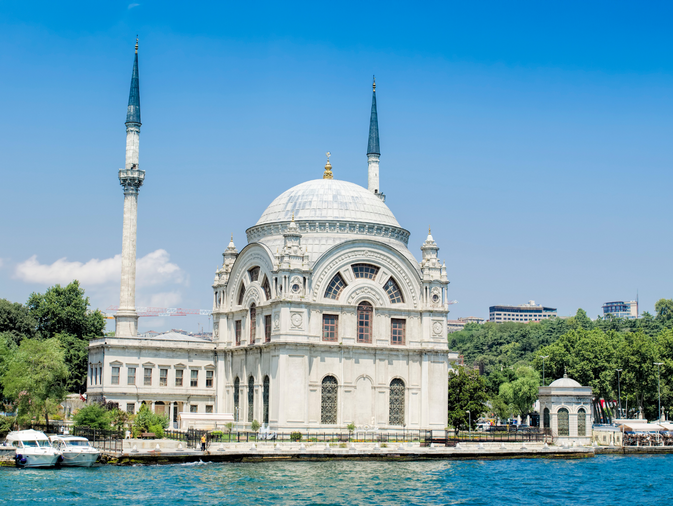 Dolmabahce Mosque Istanbul on the Bosphorus waterfront with scenic city view – guided city tour
