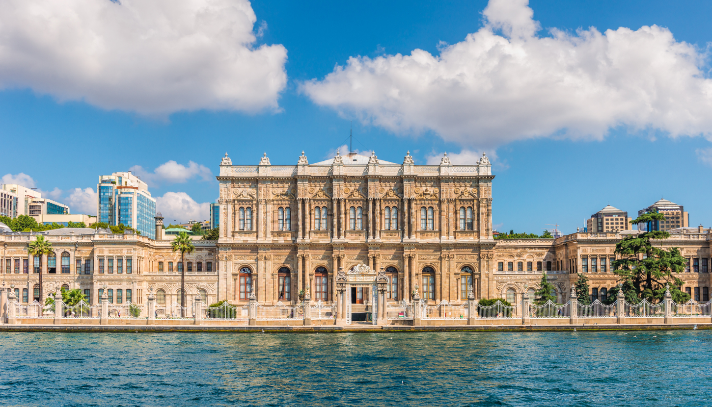 Dolmabahche Palace on the Bosphorus in Istanbul during daily cruise.