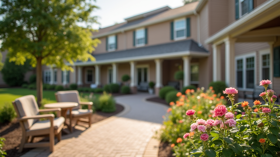 Close-up view of a welcoming entrance to an assisted living community with flowers and seating