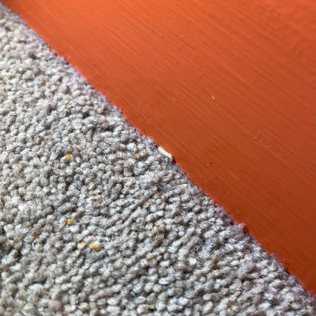 Close-up of a grey woollen carpet, a terracotta painted skirting board and a tiny caterpillar