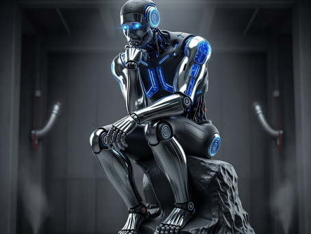 An AI robot sitting at the pose of "The Thinker" by Rodin