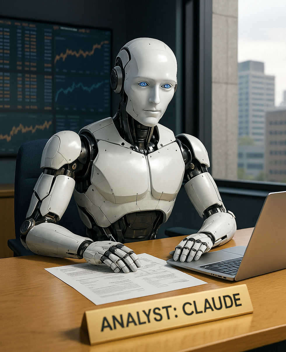 AI Robot analyst Claude sitting at a desk